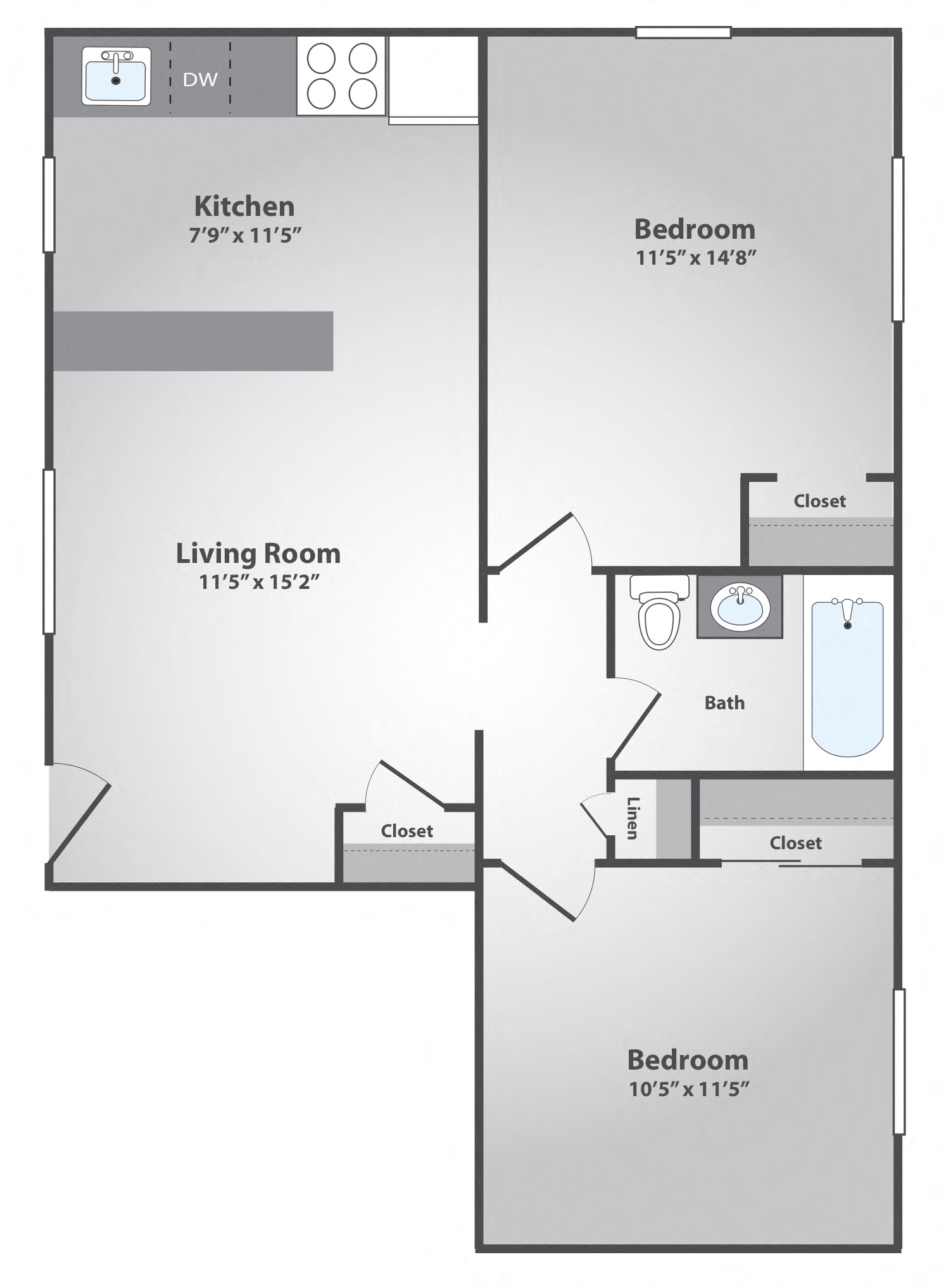 Floor plan for 2 beds, 1 bath, 660 sqft